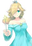  aqua_eyes aqua_nails bare_shoulders blonde_hair breasts crown dress earrings hair_over_one_eye holding holding_wand ippers jewelry long_hair looking_at_viewer mario_(series) medium_breasts nail_polish rosetta_(mario) simple_background smile solo super_mario_bros. super_mario_galaxy wand white_background 