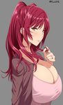  black_background blush breasts brown_eyes bursting_breasts cleavage from_side hair_twirling highres huge_breasts jacket jewelry kloah kousaka_tamaki long_hair looking_at_viewer red_hair ring shirt simple_background solo to_heart_2 twintails twitter_username upper_body wedding_band 