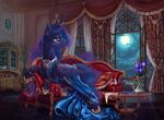  blue_feathers clothed clothing cosmic_hair detailed_background devinian equine eyelashes feathered_wings feathers friendship_is_magic hooves horn inside lying mammal moon my_little_pony night princess_luna_(mlp) smile window winged_unicorn wings 