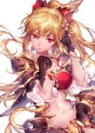  1girl bangs bare_shoulders blonde_hair bow breasts cleavage dress floating_hair granblue_fantasy hair_between_eyes hair_bow hair_ornament hand_up highres long_hair looking_at_viewer medium_breasts michudx navel ponytail red_eyes ribbon sidelocks signature solo stomach vira_lilie wind 