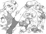  1girl ahoge arm_up ass bike_shorts boots braid china_dress chinese_clothes commentary_request dress fighting_stance girl_with_a_blonde_braid_(tomoshibi_hidekazu) high_kick kicking knee_up long_hair monochrome one_eye_closed open_mouth original outstretched_leg pole ponytail shorts shorts_under_dress sketch sleeveless sleeveless_dress solo spread_legs squatting standing standing_on_one_leg tomoshibi_hidekazu very_long_hair weapon wristband 