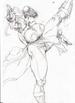  1girl bonten breasts bun_cover cameltoe capcom china_dress chinese_clothes chun-li double_bun dress female highres huge_breasts kicking kicking_thighs monchrome monochrome pantyhose pelvic_curtain scan short_hair solo street_fighter thick_thighs thighs traditional_media 