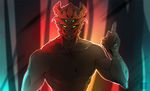  4_eyes demon looking_at_viewer male muscular nimushka no_pupils open_mouth smile solo watermark 