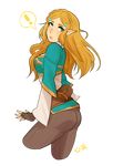  ! 1girl ass blonde_hair blush breasts fingerless_gloves gloves green_eyes long_hair looking_back nintendo open_mouth pants pointy_ears princess_zelda shiny shiny_clothes shiny_hair sideboob solo the_legend_of_zelda the_legend_of_zelda:_breath_of_the_wild transparent_background 