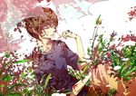  brown_eyes brown_hair brown_pants cigarette collarbone curtains flower fuwishi hazuki_ryousuke male_focus natsuyuki_rendezvous pants plant sitting solo 