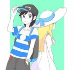  1boy 1girl black_hair blonde_hair blue_eyes blush couple green_eyes hands_in_pocket hat lillie_(pokemon) looking_back male_protagonist_(pokemon_sm) pants plain_background pokemon pokemon_(game) pokemon_sm striped_shirt sundress z-ring 