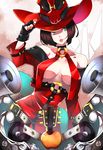  bare_shoulders black_hair blue_eyes breasts center_opening collar fingerless_gloves gloves guilty_gear guilty_gear_xrd hair_in_mouth hat i-no instrument lipstick makai makeup medium_breasts megaphone mole mole_above_mouth mole_under_mouth no_bra off_shoulder puckered_lips red_hat short_hair solo witch_hat 