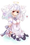  angel angel_wings black_bow bow breasts dress halo heart heterochromia highres medium_breasts medium_hair negiko original skirt skirt_lift solo thighhighs white_dress white_hair white_skirt wings 