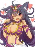  animal_ears black_hair breasts cat_ears cat_tail character_request cleavage dark_skin eyebrows_visible_through_hair fang heart highres large_breasts long_hair midriff monster_strike navel negiko one_eye_closed open_mouth red_eyes smile solo tail 