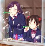  ^_^ black_hair blazer bottle bow bowtie bubble_blowing bubble_pipe closed_eyes commentary_request from_outside hair_bow highres jacket ksk_(semicha_keisuke) long_hair long_sleeves looking_out_window love_live! love_live!_school_idol_project multiple_girls open_window otonokizaka_school_uniform pink_scrunchie pleated_skirt purple_hair red_bow red_eyes school_uniform scrunchie skirt soap_bubbles striped striped_bow striped_neckwear toujou_nozomi twintails window yazawa_nico 