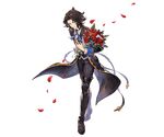  black_hair blue_eyes bouquet flower full_body granblue_fantasy holding holding_bouquet lancelot_(granblue_fantasy) long_hair male_focus minaba_hideo official_art parted_lips petals rose rose_petals smile solo the_dragon_knights transparent_background 