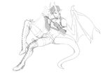  animal_humanoid boots clothed clothing dragon dragon_humanoid footwear hair high_heels horn humanoid looking_at_viewer male monochrome nimushka nipples rubber shoes smile solo wings 