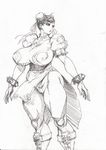  1girl bonten breasts bun_cover cameltoe capcom china_dress chinese_clothes chun-li double_bun dress female highres huge_breasts kicking_thighs looking_at_viewer monchrome monochrome pantyhose pelvic_curtain scan short_hair smile solo street_fighter thick_thighs thighs toned traditional_media 