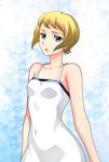  bare_shoulders blonde_hair blue_eyes breasts commentary_request covered_navel dress gundam gundam_tekketsu_no_orphans highres julietta_juris kenken looking_at_viewer open_mouth short_hair small_breasts solo white_dress 