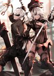  1girl back-to-back black_dress black_gloves black_jacket black_legwear blindfold breasts chromatic_aberration cleavage dress feather-trimmed_sleeves gloves hairband holding holding_hands holding_sword holding_weapon jacket juliet_sleeves kneehighs long_sleeves medium_breasts nier_(series) nier_automata parted_lips pelvic_curtain pod_(nier_automata) puffy_sleeves shei99 short_hair shorts silver_hair standing sword watermark weapon web_address yorha_no._2_type_b yorha_no._9_type_s 