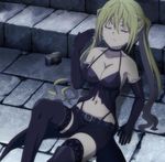  black_footwear black_legwear blonde_hair boots breasts cleavage closed_eyes elbow_gloves fishnet_legwear fishnets gloves highres lieselotte_sherlock medium_breasts screencap solo stitched thigh_boots thighhighs third-party_edit trinity_seven twintails zettai_ryouiki 