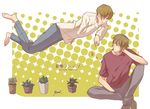  barefoot brown_eyes brown_footwear brown_hair copyright_name elbow_on_knee eye_contact floating hand_behind_head hazuki_ryousuke looking_at_another male_focus midair multiple_boys natsuyuki_rendezvous petals plant potted_plant shimao_atsushi shoes sitting yoshini_(shini112) 