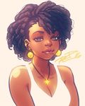  2016 afro annie_mei_project black_hair borrowed_character breasts brown_eyes cleavage dark_skin earrings eyelashes eyeliner hairlocs jewelry lips lipstick makeup medium_breasts mole mole_under_mouth necklace nose retro_mei robert_porter signature star star_necklace tank_top thick_eyebrows 