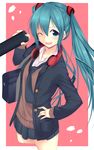  absurdres aqua_eyes aqua_hair blazer blush graduation hand_on_hip hatsune_miku headphones headphones_around_neck highres jacket long_hair looking_at_viewer one_eye_closed open_mouth petals school_uniform skirt smile solo sukage sweater tears twintails vocaloid 