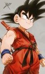  1boy arms_at_sides black_eyes black_hair clenched_hands dougi dragon_ball dragon_ball_(classic) fingernails frown grey_background looking_away male_focus nyoibo reeya short_hair signature simple_background smile son_gokuu spiked_hair standing tail upper_body wristband 