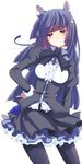  animal_ears black_hair blue_eyes blush cat_ears eyebrows_visible_through_hair hand_on_hip highres long_hair long_sleeves maid negiko original pantyhose smile solo thighhighs 