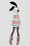  animal_ears blue_eyes boots bunny_ears christmas_sweater colored_eyelashes earmuffs full_body fur_boots grey_background highres original outline pantyhose razi short_hair shorts simple_background sleeves_past_wrists solo sweater white_hair 
