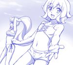  adjusting_hair armpits arms_up atra_mixta bare_shoulders bikini blush cloud cloudy_sky cross-laced_clothes dutch_angle gundam gundam_tekketsu_no_orphans highres kudelia_aina_bernstein long_hair looking_at_viewer midriff monochrome multiple_girls navel ogry_ching open_mouth outstretched_hand ponytail short_hair short_shorts shorts side-tie_bikini sky smile swimsuit very_long_hair 