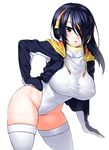  black_hair breasts brown_eyes chestnut_mouth emperor_penguin_(kemono_friends) groin hair_over_one_eye hand_on_hip headphones highleg highleg_leotard hood hoodie jacket kemono_friends large_breasts leaning_forward leotard long_hair looking_at_viewer multicolored_hair onsoku_maru open_clothes open_jacket parted_lips solo thighhighs white_legwear white_leotard 