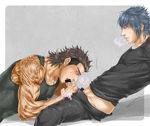  2boys artist_request bara blush erection fellatio final_fantasy final_fantasy_xv gladiolus_amicitia male_focus multiple_boys noctis_lucis_caelum penis sitting steam sucking sweat tattoo undressing yaoi 