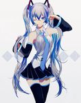  39 blue_eyes blue_hair cowboy_shot detached_sleeves hair_tousle hatsune_miku headset light_smile long_hair looking_at_viewer nail_polish necktie one_eye_closed p2_(uxjzz) skirt solo thighhighs twintails very_long_hair vocaloid white_background 