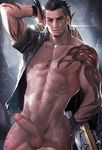  1boy abs bara black_hair body_hair erection facial_hair final_fantasy final_fantasy_xv gladiolus_amicitia gloves looking_at_viewer male_focus muscle nude penis sakimichan scar smile solo sweat tagme tattoo testicles weapon 