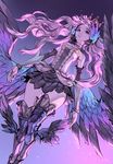  alternate_hairstyle armor armored_dress bangs bare_shoulders blue_eyes breasts choker commentary crown dress feathers gwendolyn hair_feathers hair_ornament highres long_hair looking_at_viewer odin_sphere parted_lips racoona silver_hair small_breasts solo strapless strapless_dress thighhighs white_hair wings 