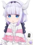  28aarts absurdres bangs battery blue_eyes blunt_bangs charging chestnut_mouth dragon_girl dragon_horns dragon_tail electric_socket hair_bobbles hair_ornament hairband highres horns kanna_kamui kobayashi-san_chi_no_maidragon lavender_hair long_hair looking_at_viewer low_twintails simple_background sitting solo tail twintails wariza white_background 