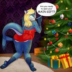  2016 anthro butt christmas christmas_tree clothed clothing comic_sans english_text feline female fish holidays hybrid kneeling looking_at_viewer mammal marine mon_(shiverwolf) shark sheenny solo text tree 