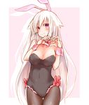  animal_ears bangs black_legwear black_leotard blush bow bowtie breasts bunny_ears bunnysuit cleavage closed_mouth covered_navel cowboy_shot detached_collar eyebrows_visible_through_hair frilled_leotard frills head_tilt heart heart_hands leotard long_hair looking_at_viewer md5_mismatch medium_breasts original pantyhose pink_background pink_eyes red_bow red_neckwear rinrin_(927413) silhouette silver_hair simple_background skin_tight smile solo standing strapless strapless_leotard tareme thigh_gap very_long_hair wrist_cuffs 