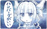 blue capelet commentary dragon_girl dragon_horns greyscale hair_bobbles hair_ornament hairband horns kanna_kamui kobayashi-san_chi_no_maidragon long_hair looking_at_viewer low_twintails monochrome parted_lips sakino_shingetsu solo translated twintails 