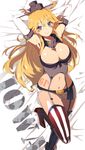  belt blonde_hair blue_eyes breasts character_name cleavage elbow_gloves fingerless_gloves front-tie_top garter_straps gloves hair_between_eyes headgear highres iowa_(kantai_collection) kantai_collection large_breasts long_hair looking_at_viewer lying meriken0111 miniskirt navel number on_back skirt solo star star-shaped_pupils striped striped_legwear symbol-shaped_pupils thighhighs vertical-striped_legwear vertical_stripes 