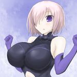  bare_shoulders blush breasts commentary_request fate_(series) gloves hair_over_one_eye impossible_clothes large_breasts leotard looking_at_viewer mash_kyrielight navel_cutout open_mouth oro_(zetsubou_girl) purple_eyes purple_gloves purple_hair short_hair solo upper_body 