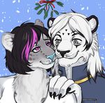  anthro clothed clothing duo facial_piercing feline female fur hair male mammal melamoryblack mistletoe nose_piercing piercing plant sketch smile tiger 