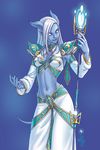  2008 blue_background blue_skin blue_theme breasts cleavage clothed clothing draenei female glowing hair humanoid navel not_furry simple_background small_breasts solo staff video_games warcraft yulcha 