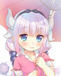  3: akiba_hideki blue_eyes dragon_girl dragon_horns dragon_tail hair_bobbles hair_ornament hairband holding horns kanna_kamui kobayashi-san_chi_no_maidragon lavender_hair long_hair looking_at_viewer low_twintails simple_background solo tail twintails umbrella white_background 