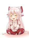  blush bow chibi closed_eyes cuffs fujiwara_no_mokou hair_between_eyes hair_bow highres indian_style long_hair long_sleeves moai715 open_mouth pants red_bow red_pants shirt simple_background sitting smile solo suspenders touhou very_long_hair white_background white_hair white_shirt 