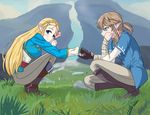  1boy 1girl couple day grass hand_holding link outside princess_zelda sitting smile the_legend_of_zelda the_legend_of_zelda:_breath_of_the_wild 