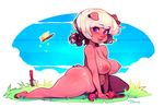  2017 5_fingers anthro big_breasts blush breasts cyancapsule digital_media_(artwork) ear_piercing emelie eyebrows female hair looking_at_viewer mammal navel nipples nude piercing pig pink_skin porcine purple_eyes simple_background slightly_chubby solo 