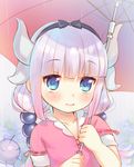  3: akiba_hideki blue_eyes commentary_request dragon_girl dragon_horns dragon_tail hair_bobbles hair_ornament hairband holding horns kanna_kamui kobayashi-san_chi_no_maidragon lavender_hair long_hair looking_at_viewer low_twintails rain solo tail twintails umbrella 