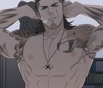  1boy bara final_fantasy final_fantasy_xv looking_at_viewer male_focus msucle nipples pecs pov solo_focus tattoo undressing 