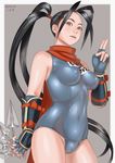  alternate_costume antenna_hair black_hair breasts brown_eyes cameltoe covered_navel covered_nipples fingerless_gloves gloves highres ibuki_(street_fighter) kunai long_hair medium_breasts one-piece_swimsuit parted_lips scarf school_swimsuit solo street_fighter street_fighter_v swimsuit weapon zenkou 