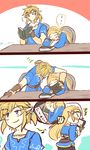  1boy 1girl 3koma arm_pillow blonde_hair blue_eyes blush book comic commentary fingerless_gloves gloves highres indoors kaidou_mitsuki library link long_hair princess_zelda short_ponytail sketch sleeping smile table the_legend_of_zelda the_legend_of_zelda:_breath_of_the_wild translated twitter_username zzz 
