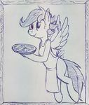  2017 anthro anthrofied apron clothed clothing equine female food friendship_is_magic hair horse mammal monochrome my_little_pony pegasus pizza scootaloo_(mlp) simple_background sketch smile solo tg-0 white_background wings 