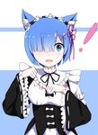  1girl animal_ears bad_id bad_pixiv_id blue_eyes blue_hair cat_ears detached_sleeves hair_over_one_eye kemonomimi_mode looking_at_viewer maid open_mouth paw_pose re:zero_kara_hajimeru_isekai_seikatsu rem_(re:zero) rko_(a470350510) short_hair solo 